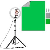 Greenscreen Streaming Kit | Green and Grey Background with 10 Inch Ring Light 