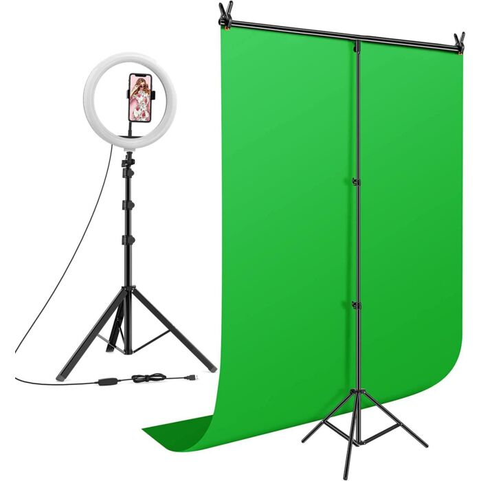 Content Creation Continuous Lighting Kit | 10 Inch Ring Light With Greenscreen and T Stand 